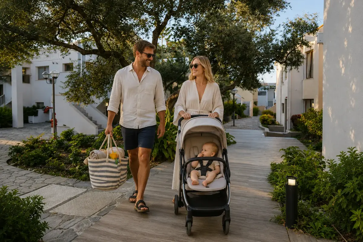 Stroller and family beach items before leaving Althea Village Hotel